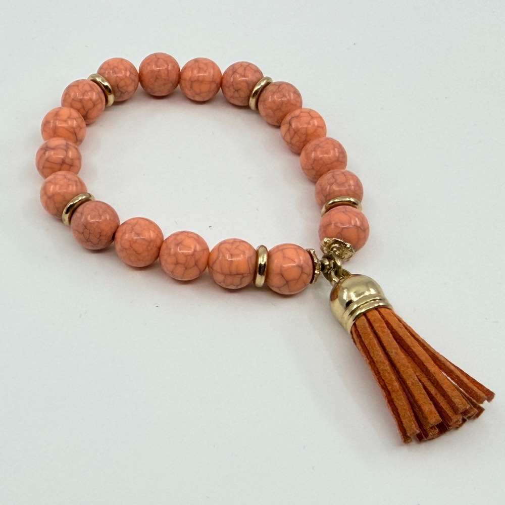 Vintage Boho Peach Faux Turquoise Beaded Stretch Bracelet Gold Tone Tassel